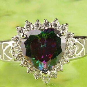 New - Heart Cut Rainbow Topaz With White Topaz Silver Ring - Size 7